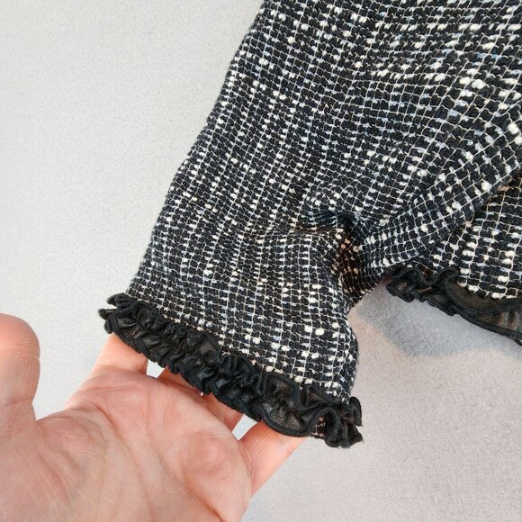 Rebecca Taylor Tweed Ruffle Ribbon Hem Open Front Blazer Jacket Black White sz L - Picture 9 of 11